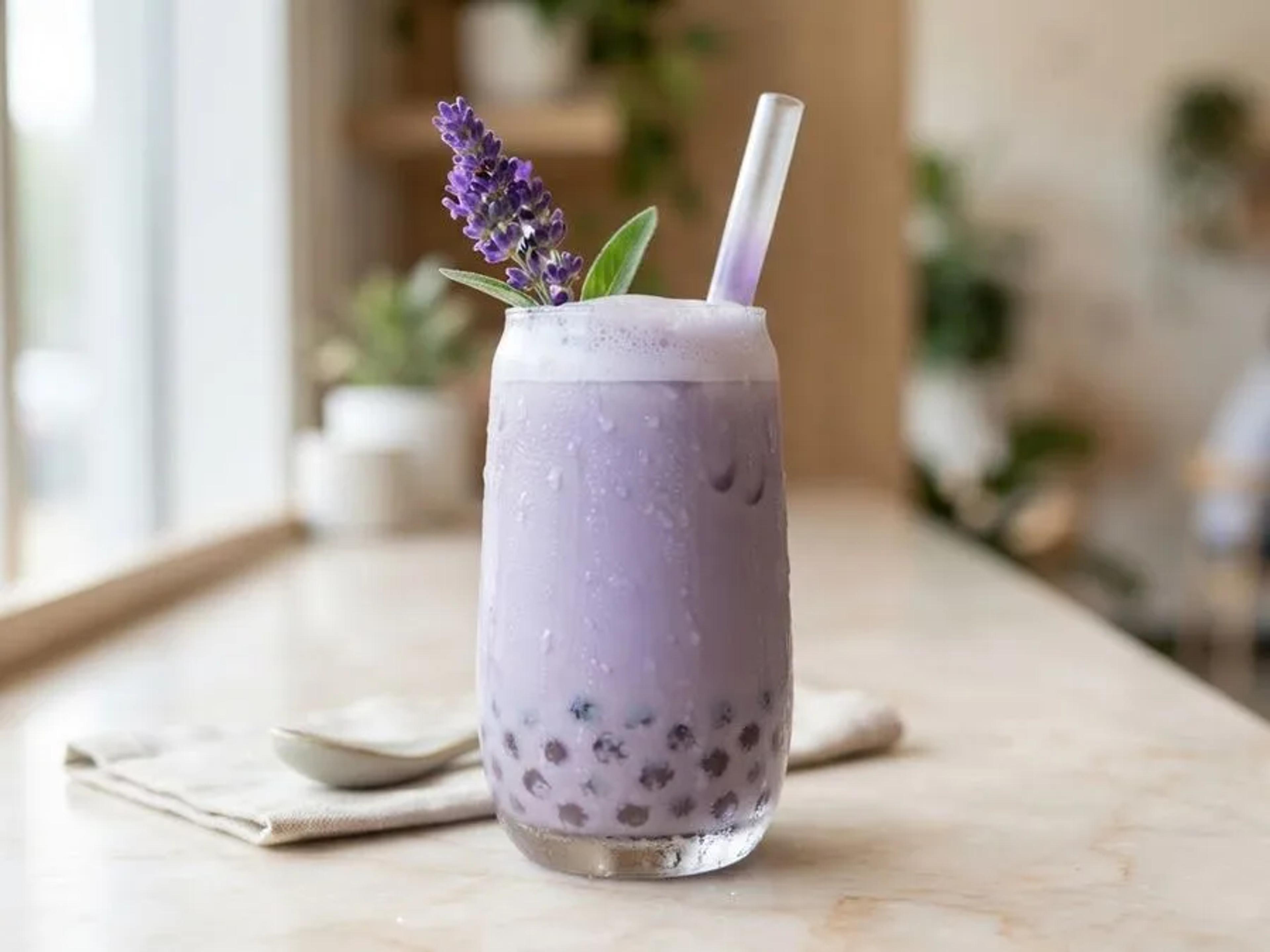 Taro Milk Tea, pale purple with tapioca pearls settled at the base