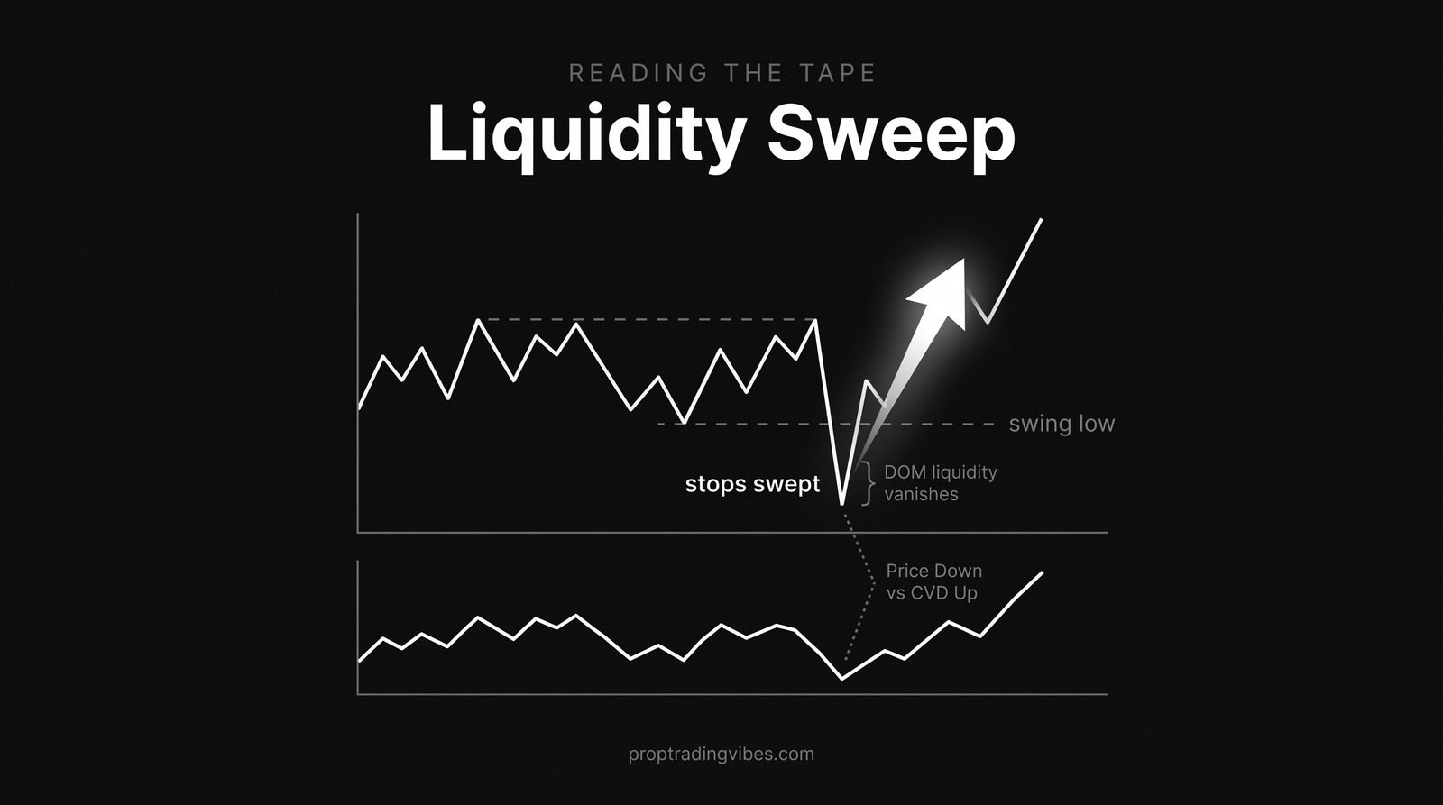 An order flow liquidity sweep below a swing low: the tape runs the stops, DOM liquidity vanishes, and a CVD divergence in the subpanel precedes an aggressive flip back up.
