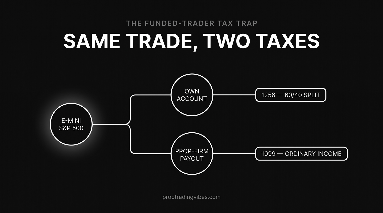 The funded-trader tax trap: the same E-mini S&P 500 futures trade is taxed as Section 1256 60/40 in your own account but as ordinary 1099 income when it sits inside a prop-firm payout