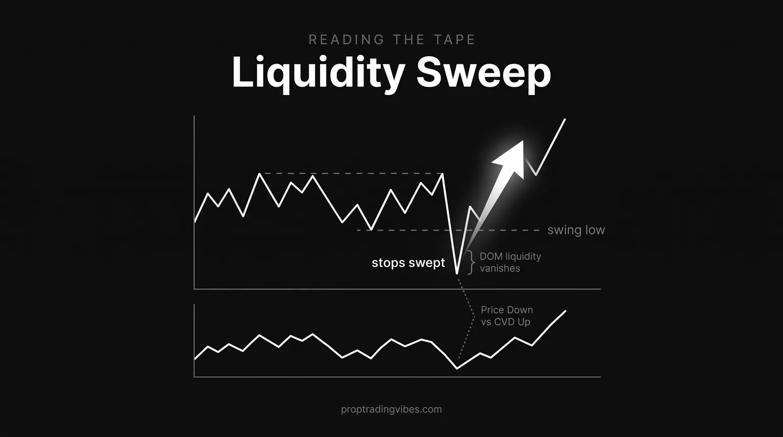 An order flow liquidity sweep below a swing low: the tape runs the stops, DOM liquidity vanishes, and a CVD divergence in the subpanel precedes an aggressive flip back up.