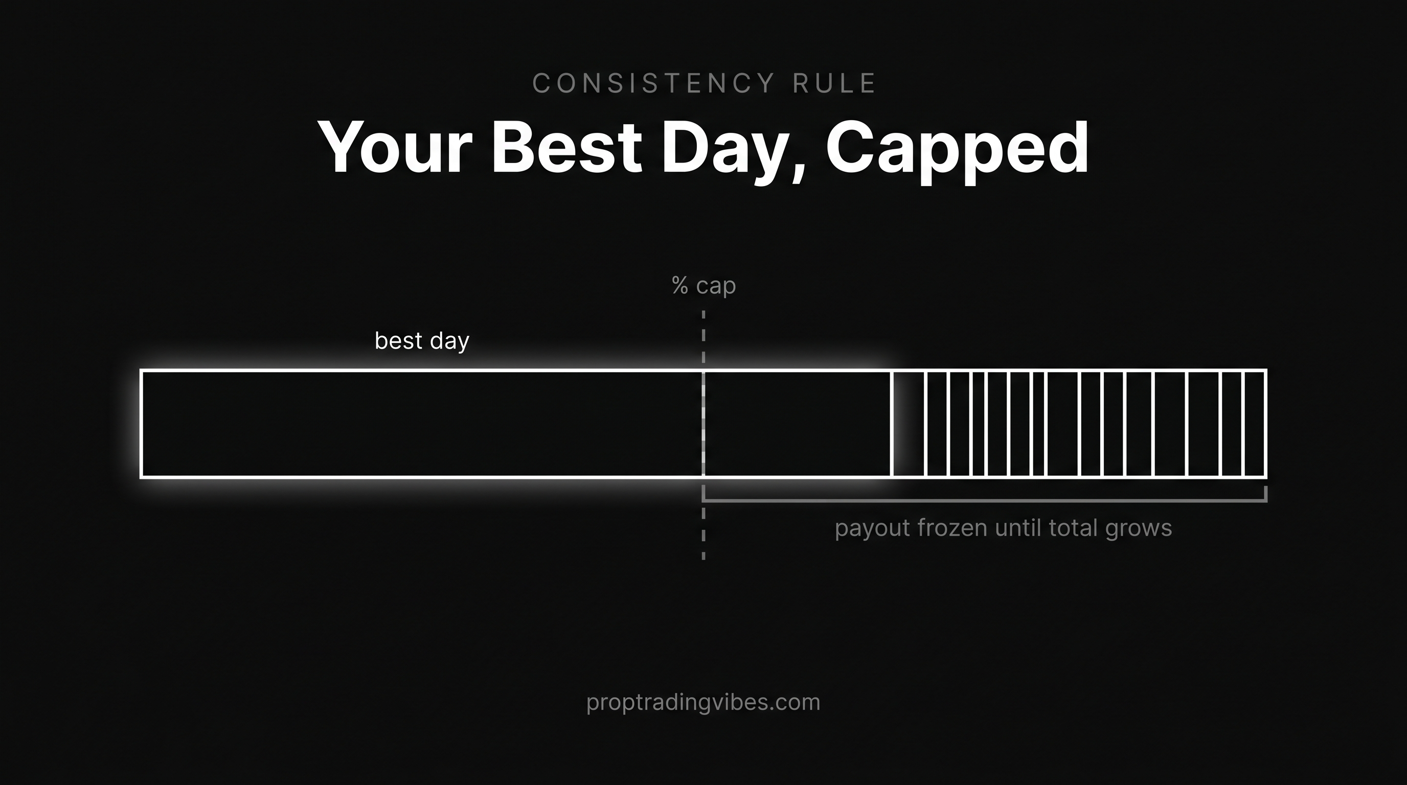 A prop firm consistency rule explained as a bar: your best day crosses the percentage cap and the payout stays frozen until the total profit grows