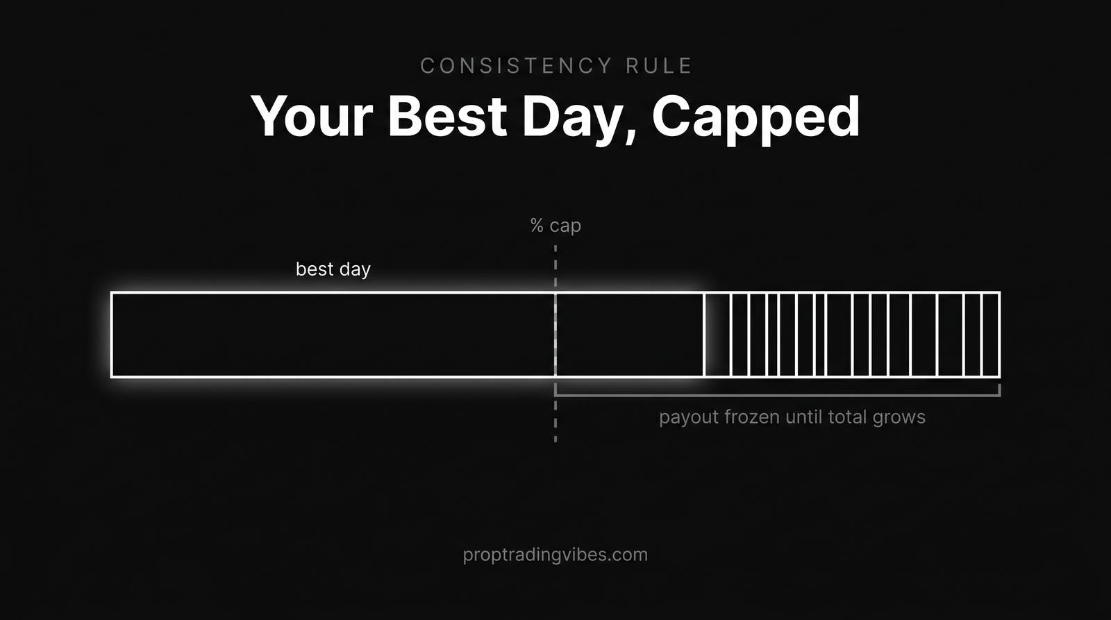 A prop firm consistency rule explained as a bar: your best day crosses the percentage cap and the payout stays frozen until the total profit grows