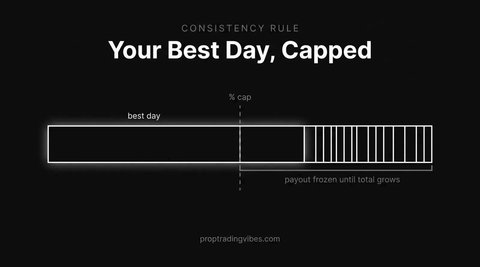 A prop firm consistency rule explained as a bar: your best day crosses the percentage cap and the payout stays frozen until the total profit grows