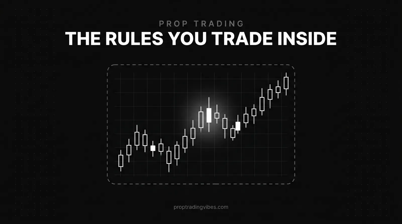 Prop firm rules explained: a candlestick chart inside a dashed guardrail box, the rules you trade inside
