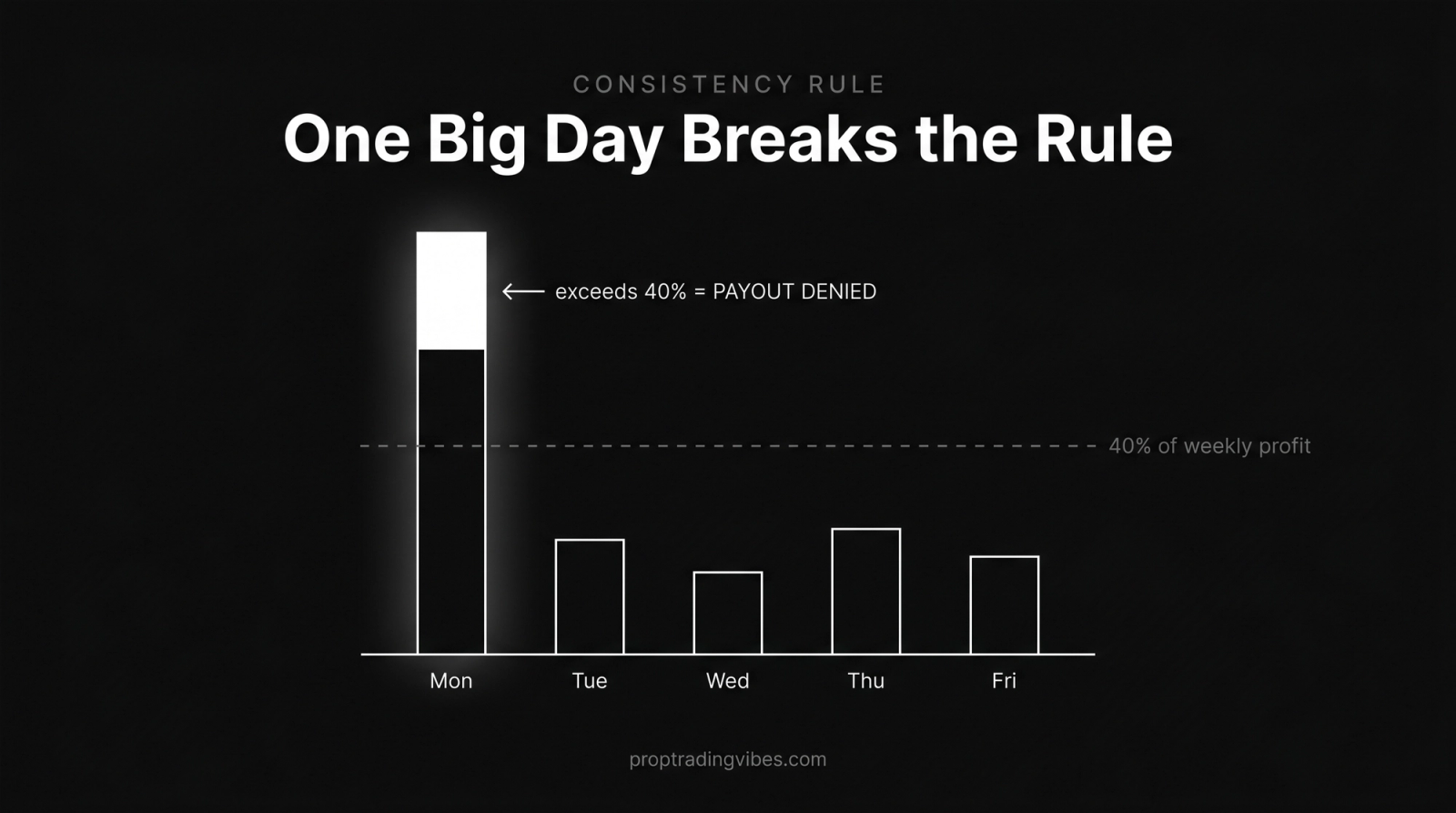 The consistency-rule trap that can disqualify the best futures prop firm payout: one outsized NQ day towers over four small days and pushes above the 40 percent of weekly profit threshold, so the excess is flagged as a denied payout, the exact pattern that denied Bulenox withdrawals.