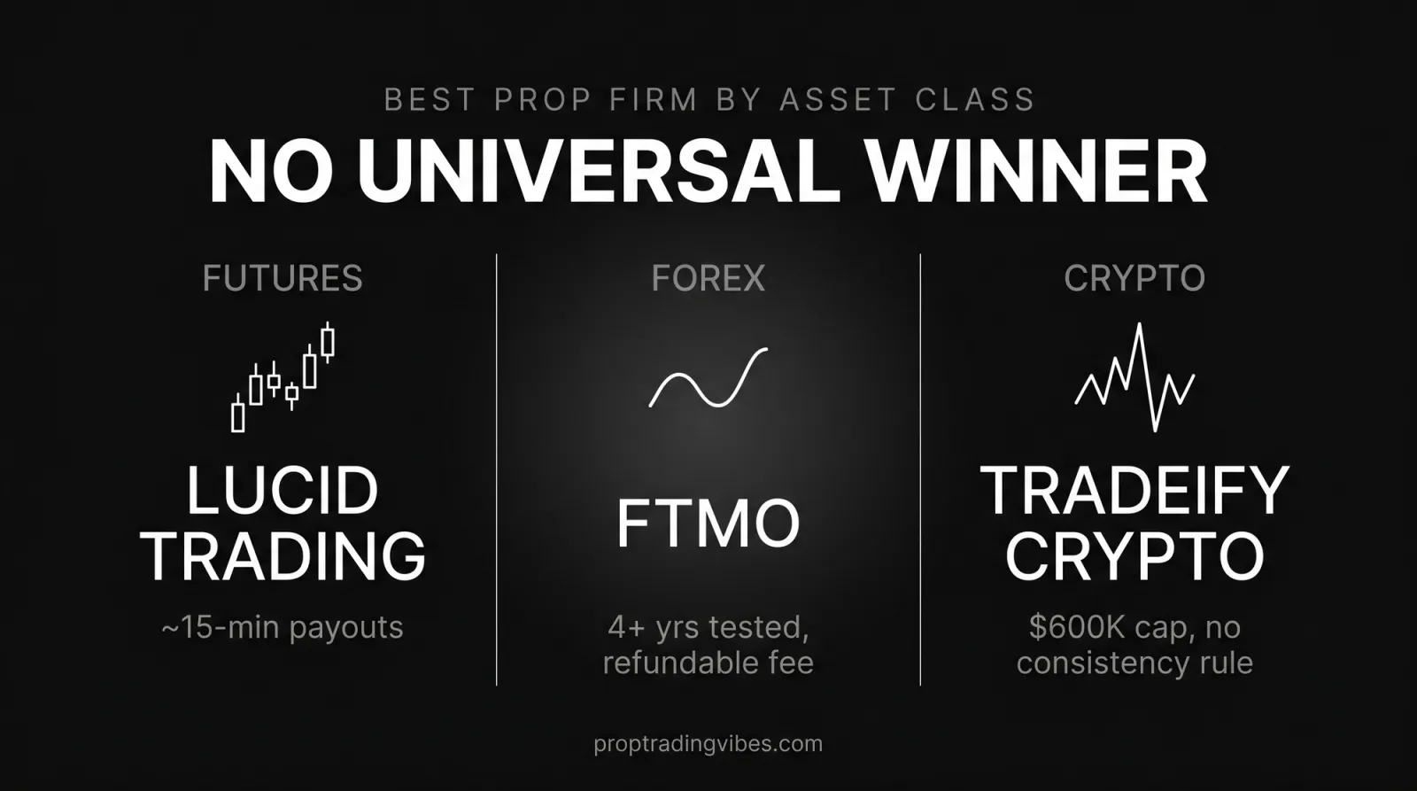 Prop firms grouped by market: futures, forex and tokenized assets, with no universal winner