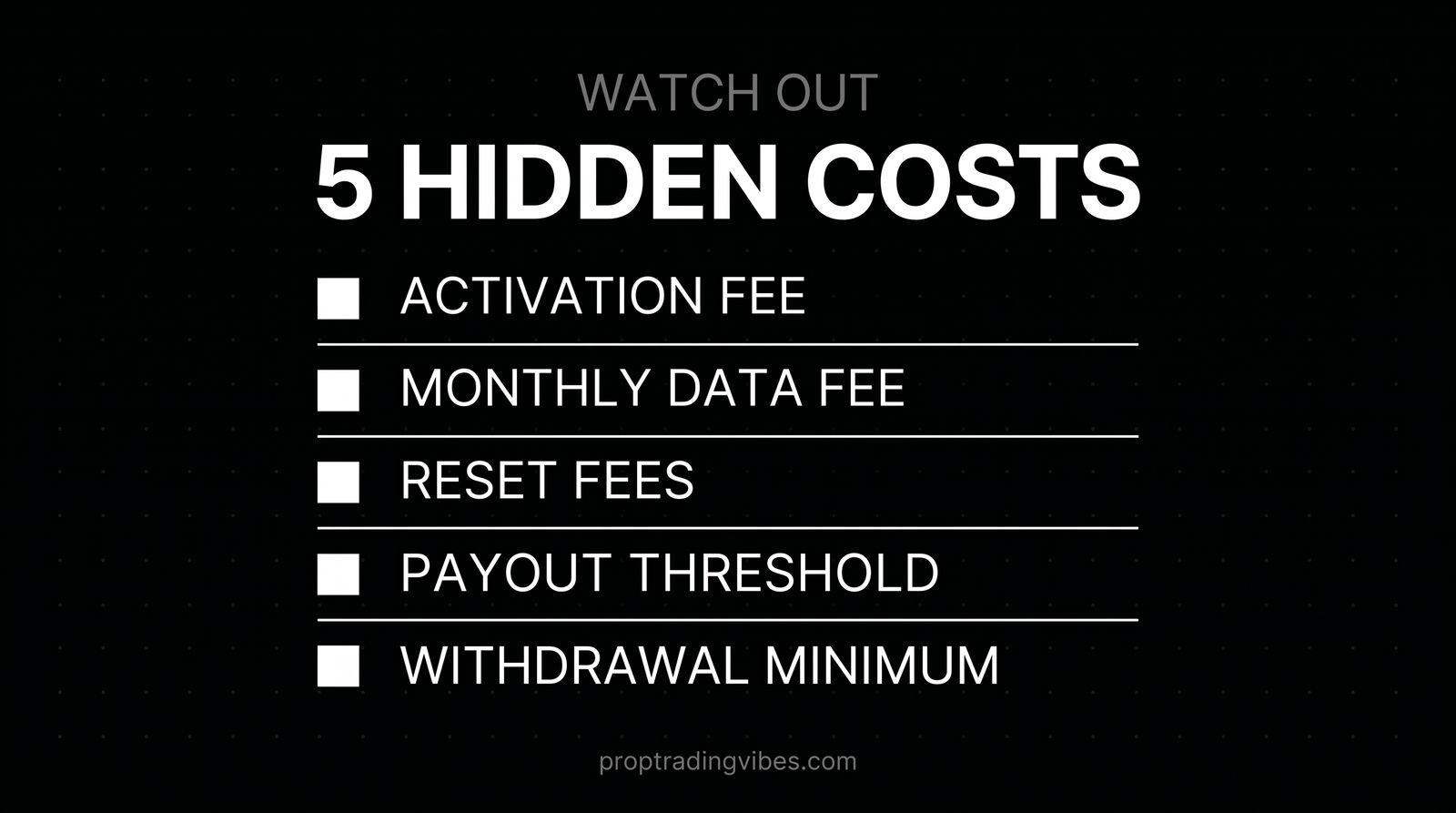 Five hidden prop firm costs: activation fee, monthly data fee, reset fees, payout threshold and withdrawal minimum