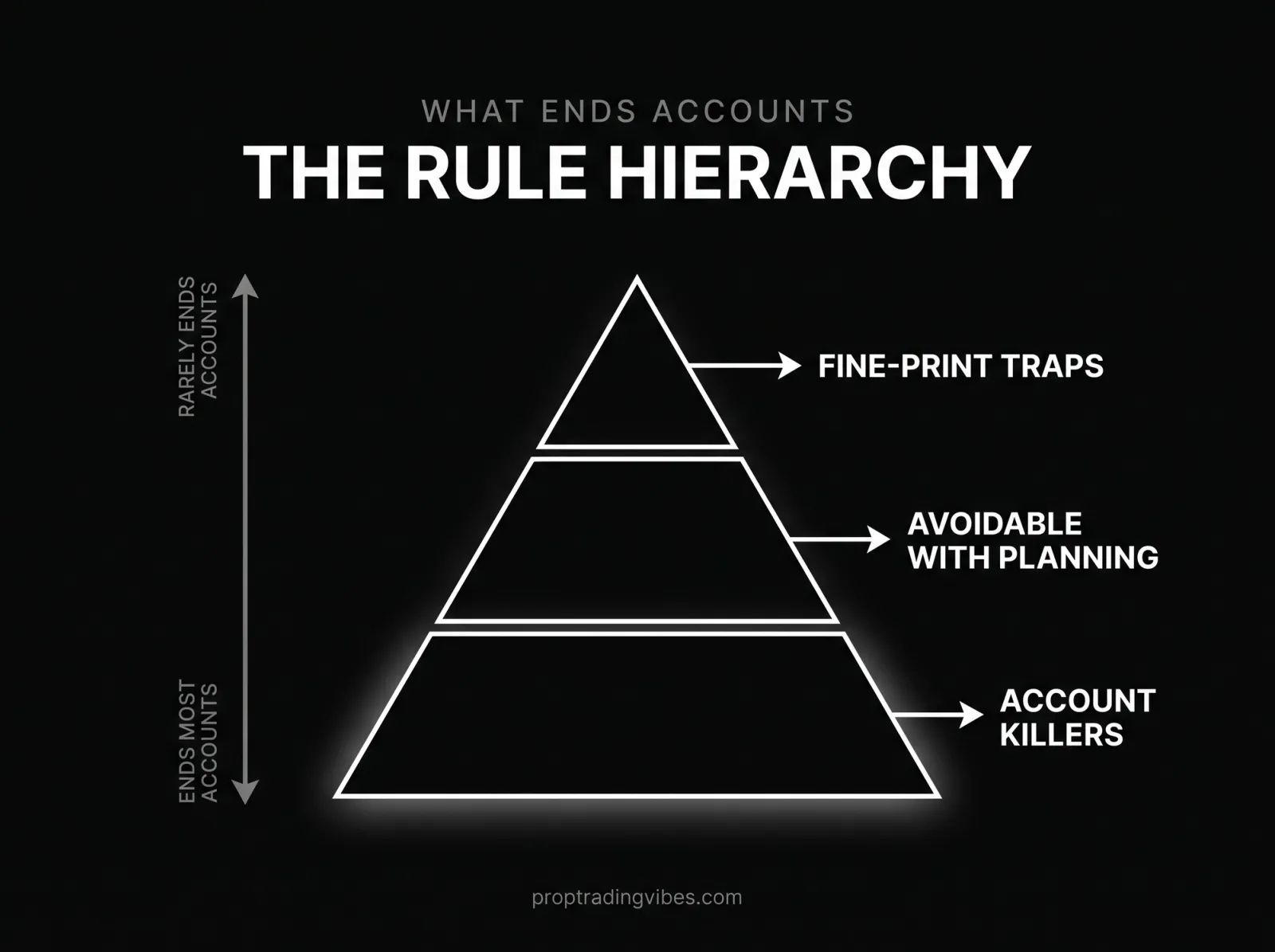 The prop firm rule hierarchy: account killers at the base, avoidable rules in the middle, fine-print traps at the top