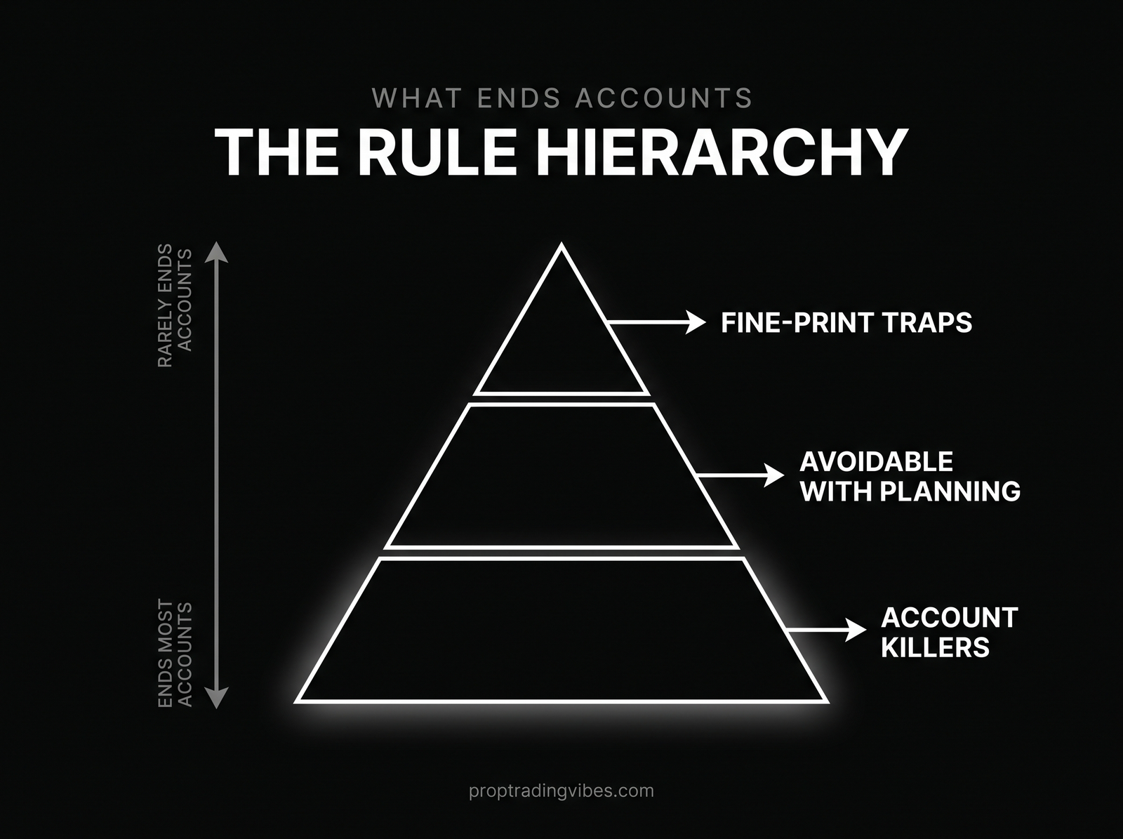 The prop firm rule hierarchy: account killers at the base, avoidable rules in the middle, fine-print traps at the top