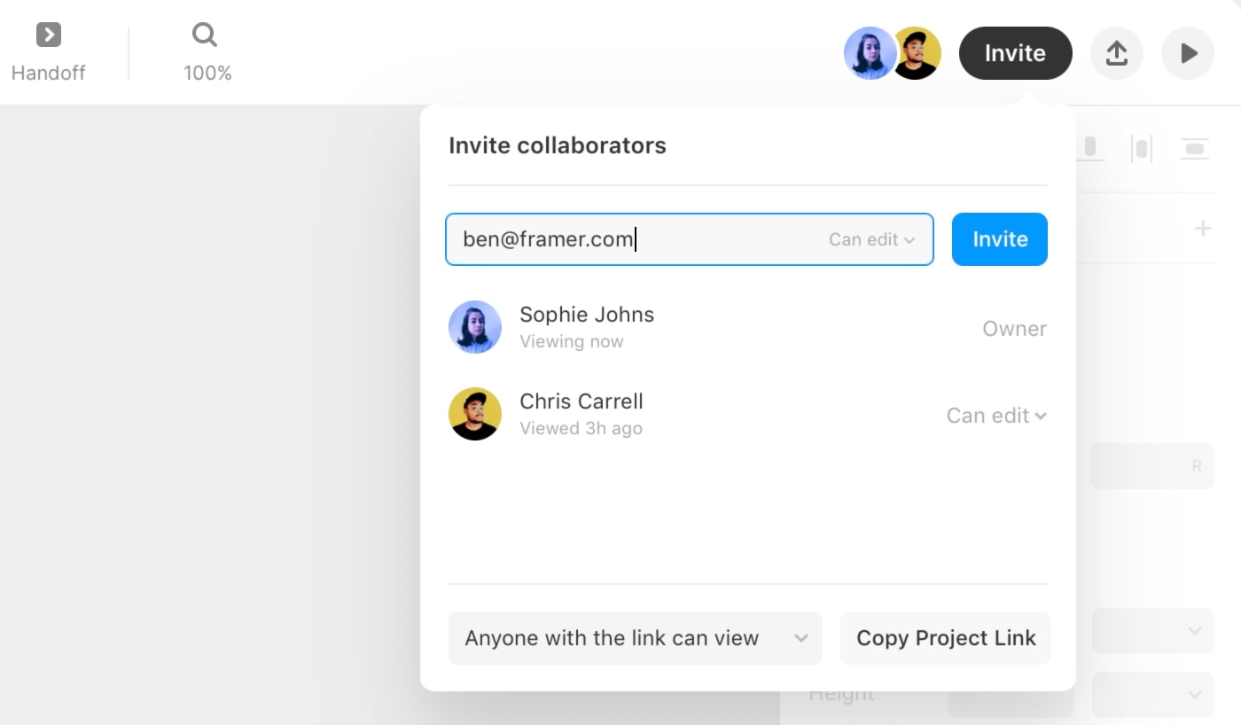 Use the collaborators panel to invite users to collaborate