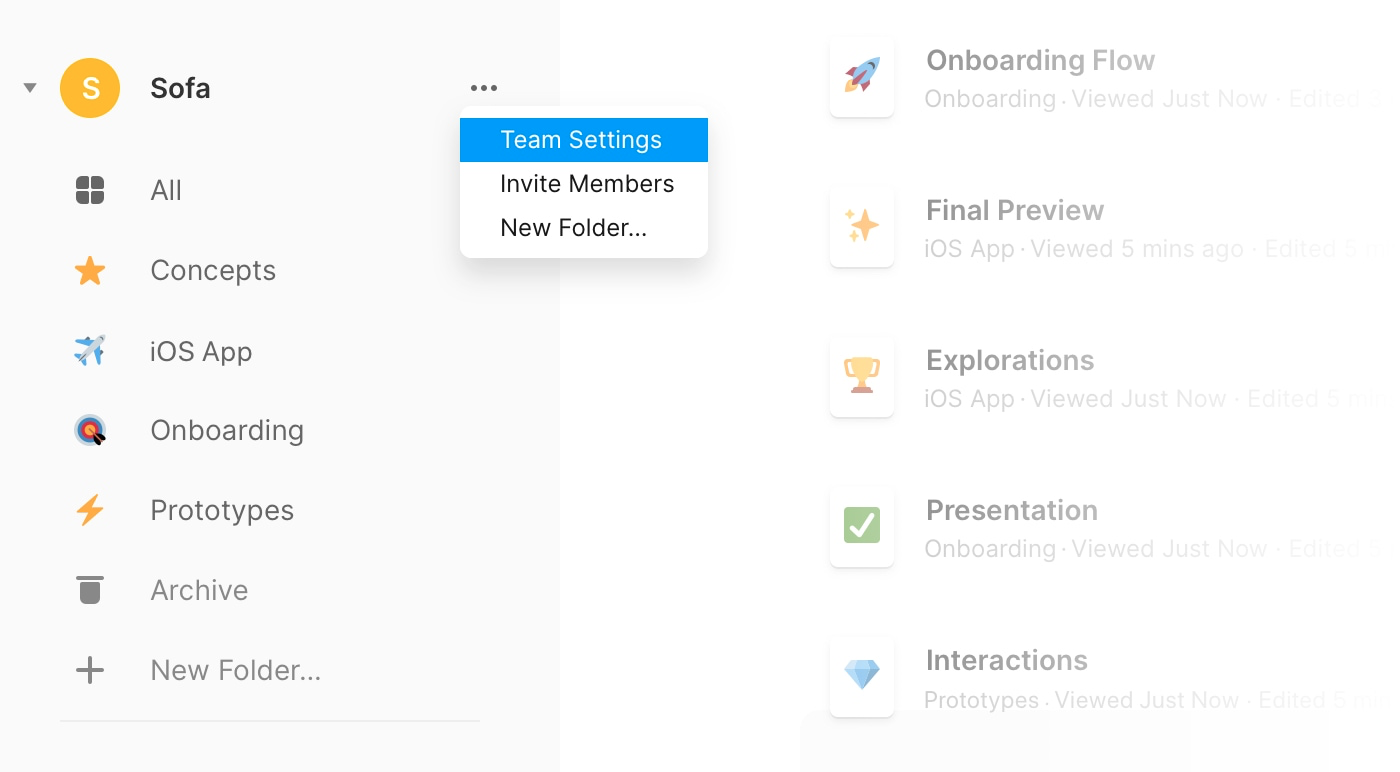 Opening the team settings from the Framer dashboard