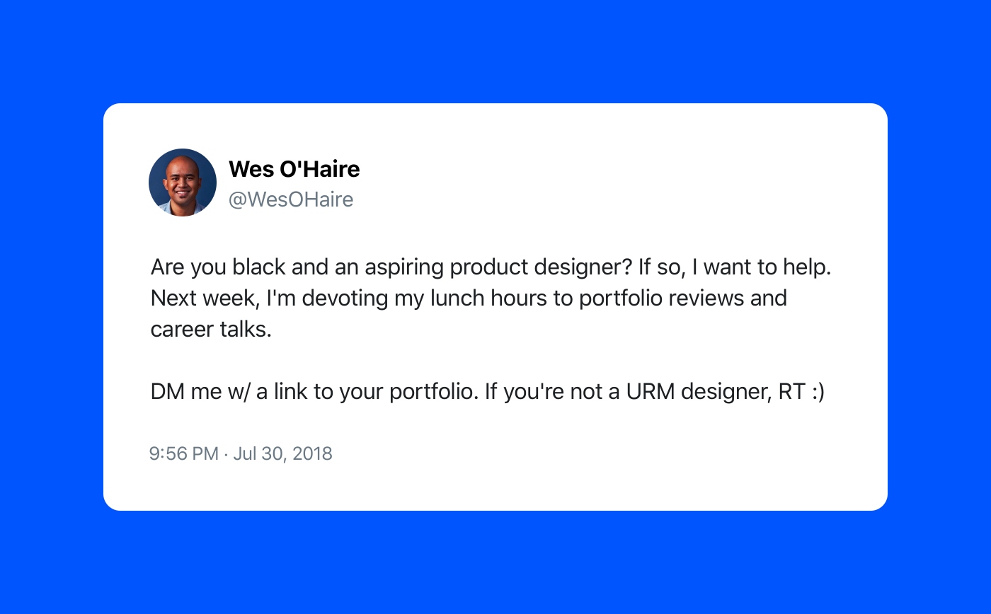 A single tweet posted by Wes in 2018 inspired both Blacks Who Design and DEI at Dropbox.