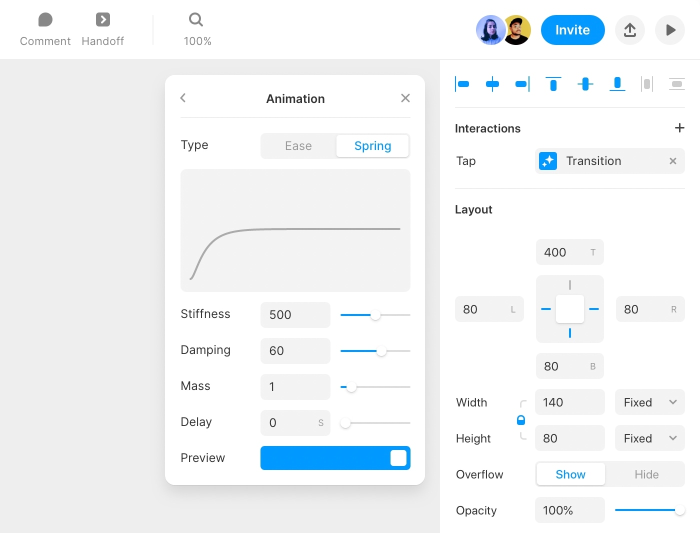 The animation editor within Framer