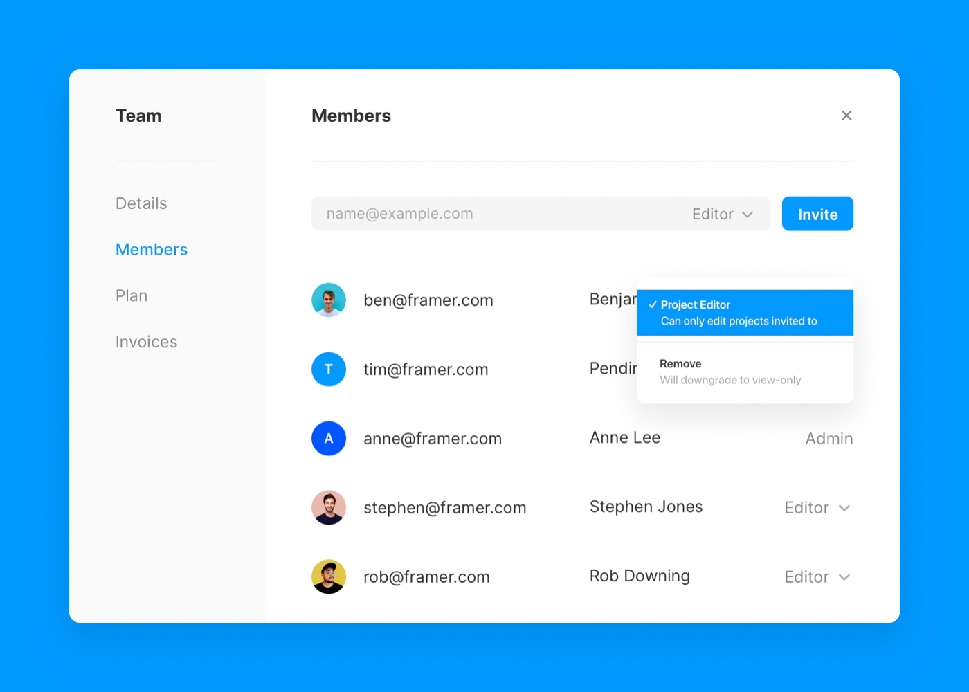Framer dashboard showing how to change roles for team members
