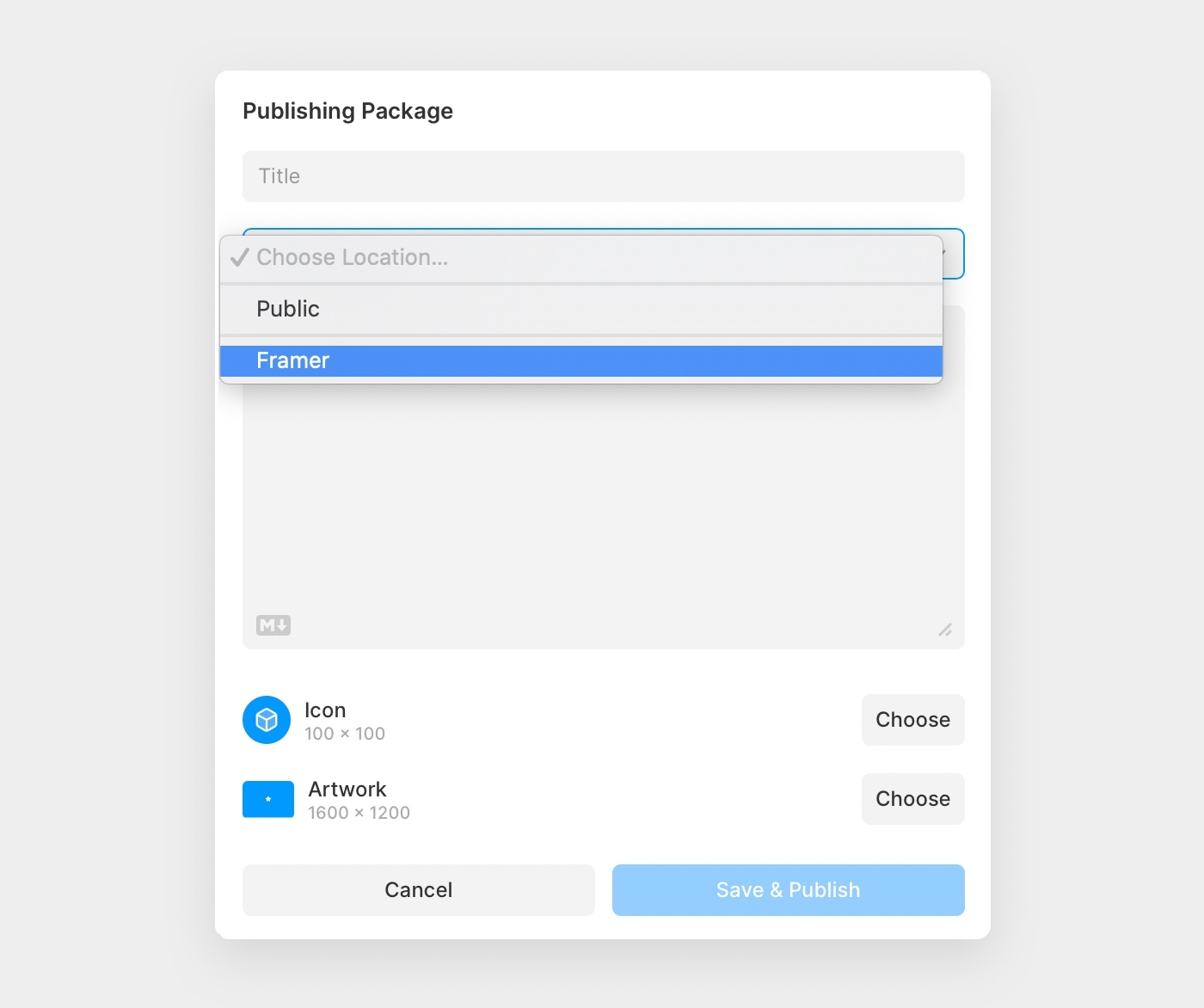 A publish modal that allows users to publish a Framer package