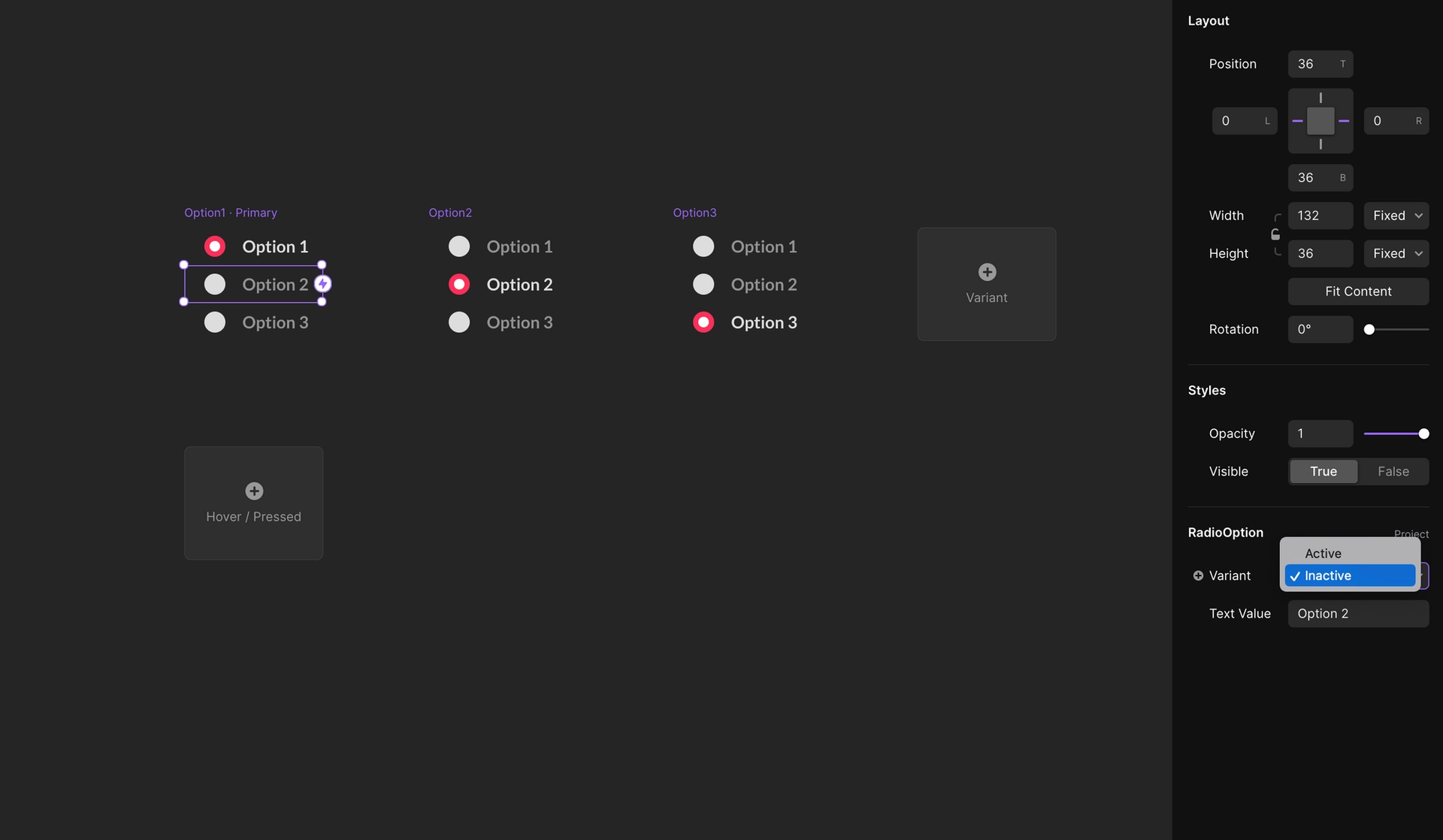 For each nested component, we choose the active or inactive variant from the properties panel.