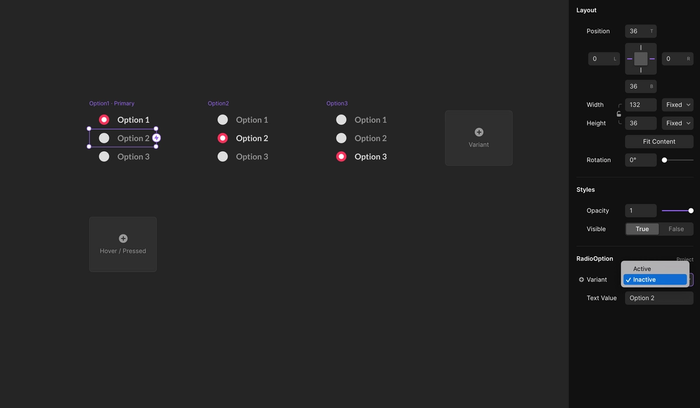 For each nested component, we choose the active or inactive variant from the properties panel.