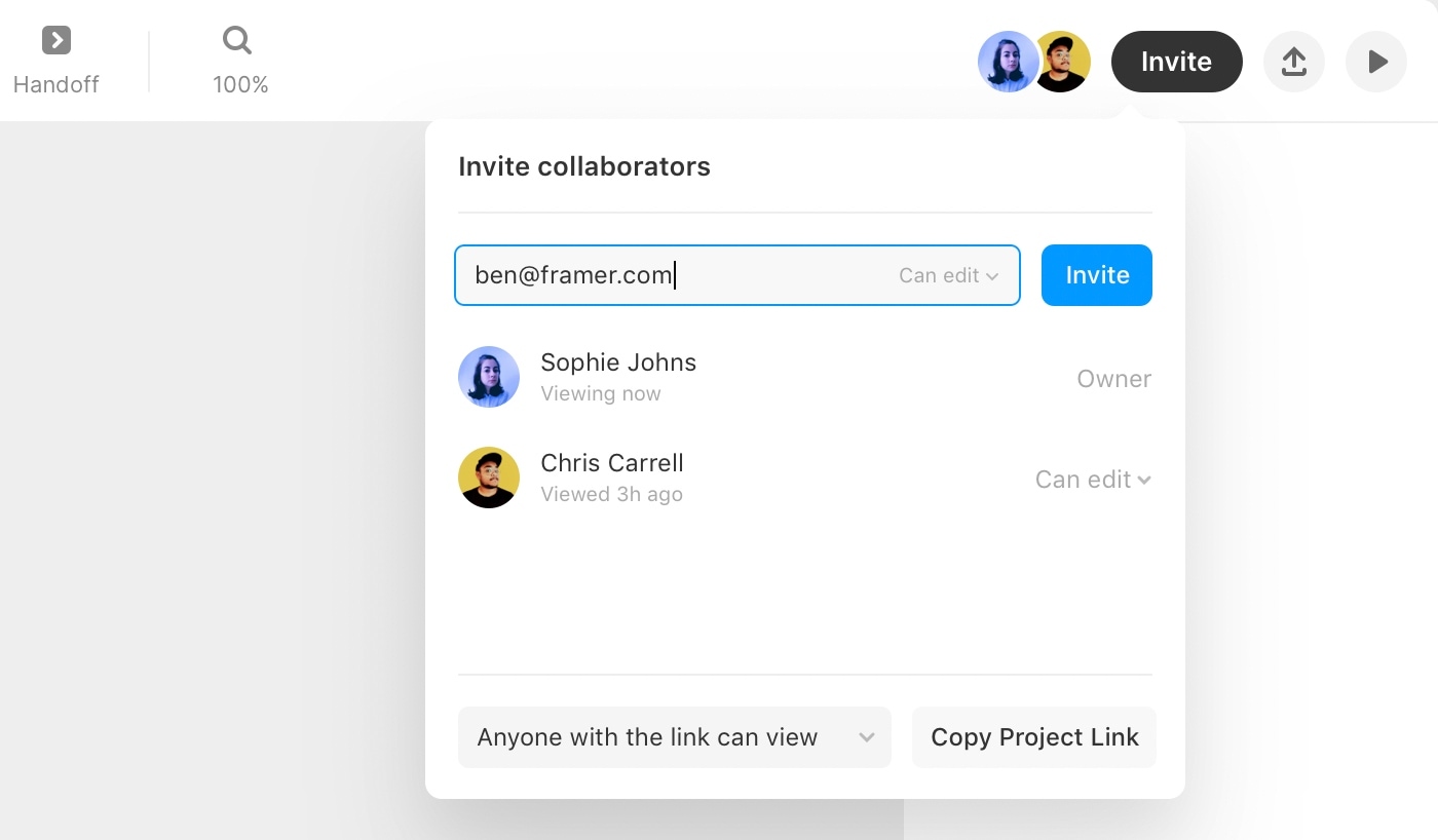 Invite model showing how to invite new team members