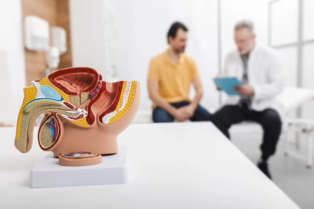 An anatomical model of the male pelvis and prostate on a table, with a consultant and patient talking out of focus behind