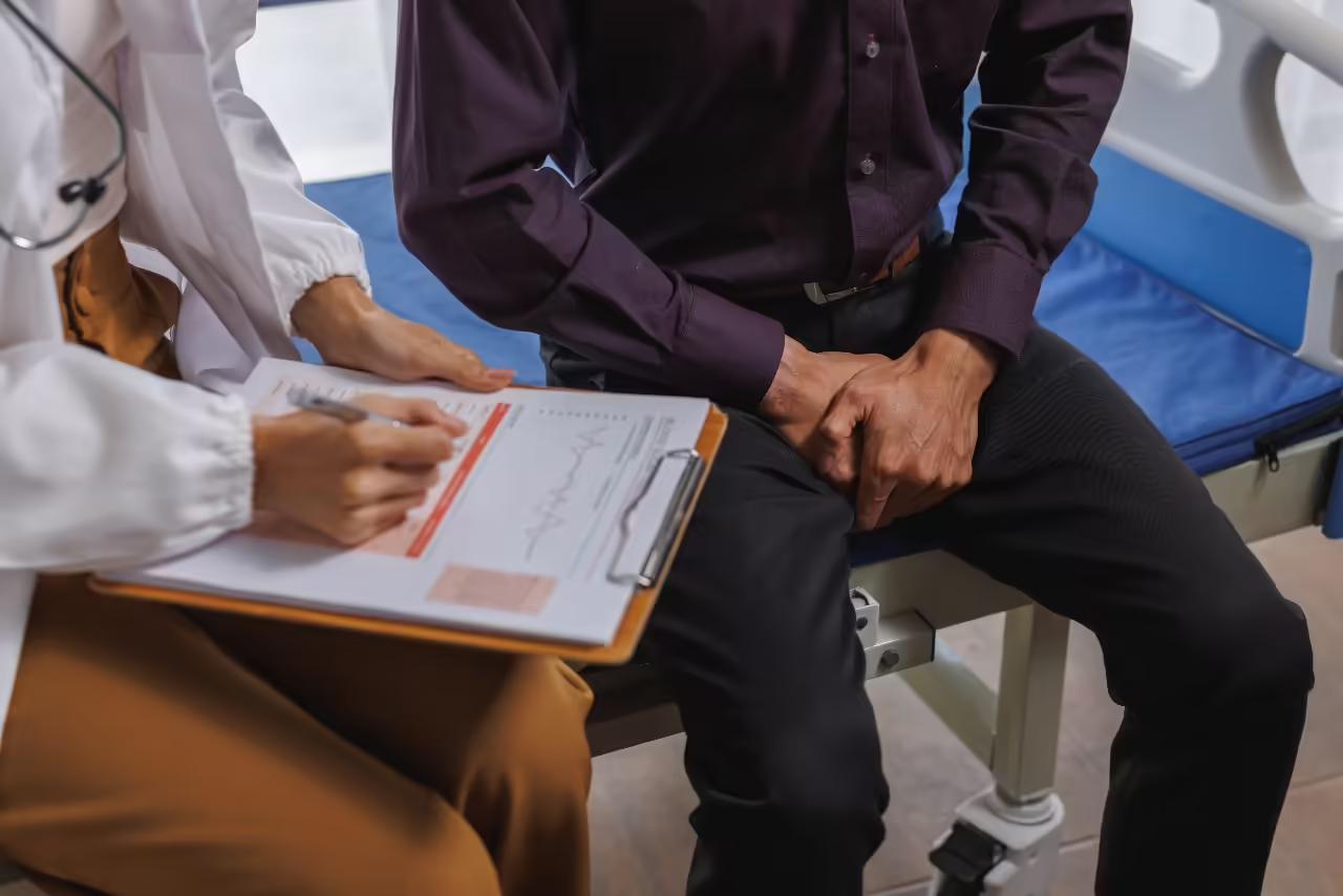 An anatomical model of the male pelvis and prostate on a table, with a consultant and patient talking out of focus behind