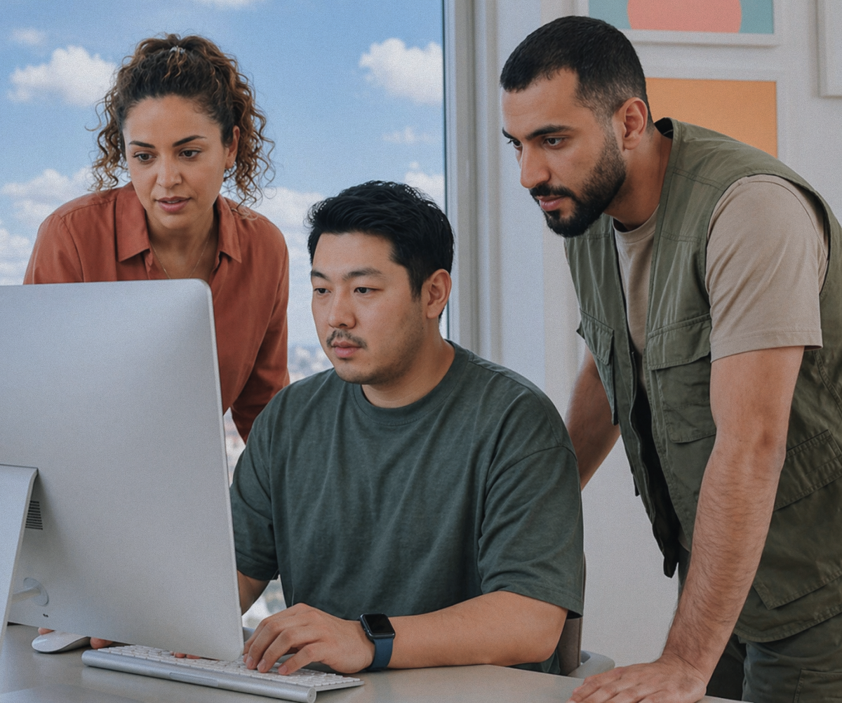 Group of coworkers looking down at a computer screen