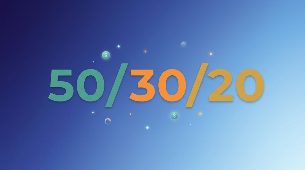 A visual infographic displaying the 50/30/20 budgeting rule breakdown into 50 percent needs, 30 percent wants, and 20 percent savings.