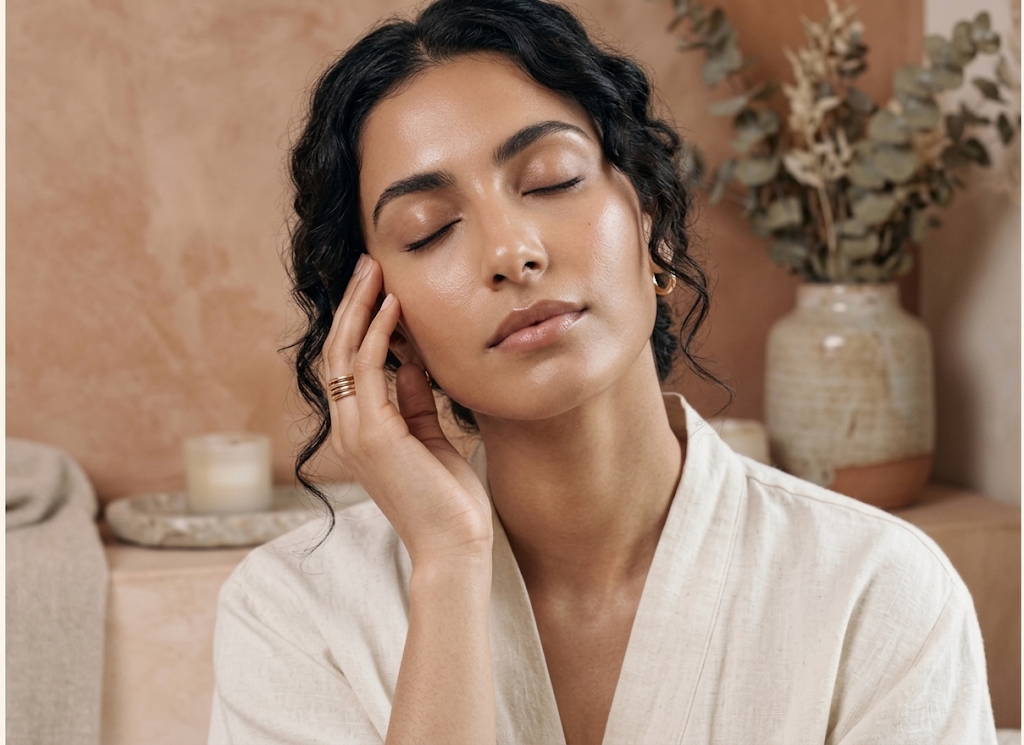 Woman with smooth, glowing skin touching her face