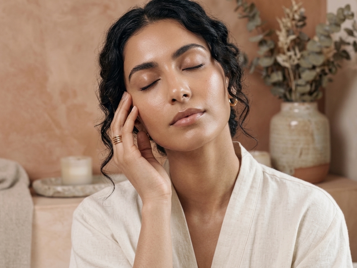 Woman with smooth, glowing skin touching her face