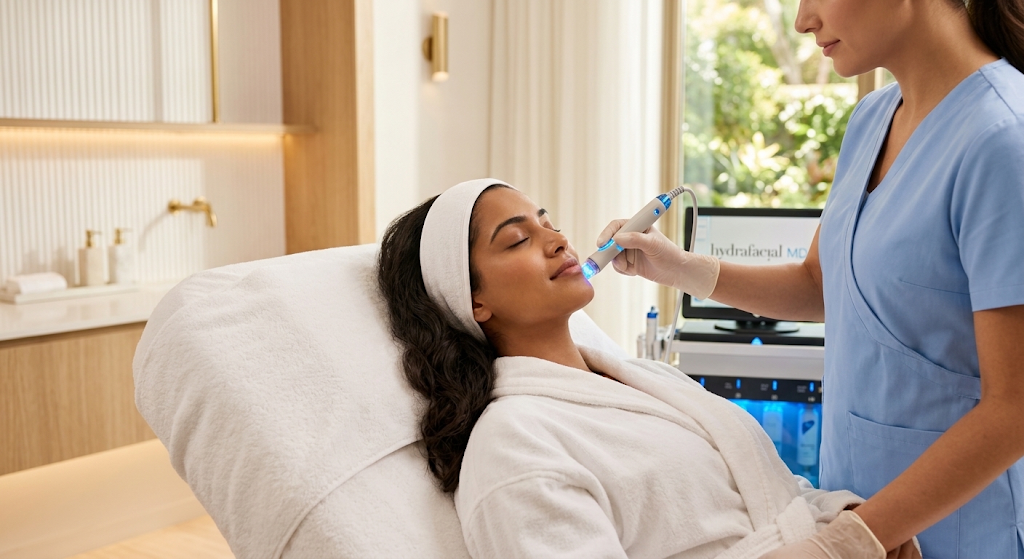 Woman receiving a HydraFacial treatment from an aesthetician at NU Age Aesthetic in Ajax