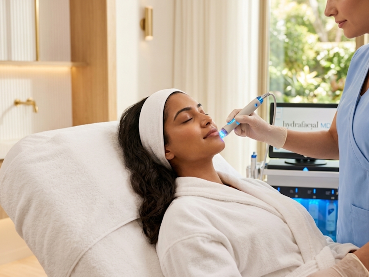Woman receiving a HydraFacial treatment from an aesthetician at NU Age Aesthetic in Ajax