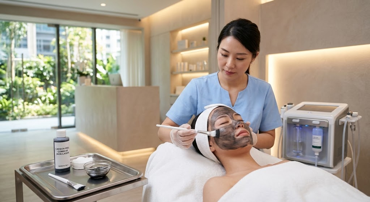 Aesthetician applying a black carbon mask to a woman's face during a non-laser carbon peel treatment in Ajax
