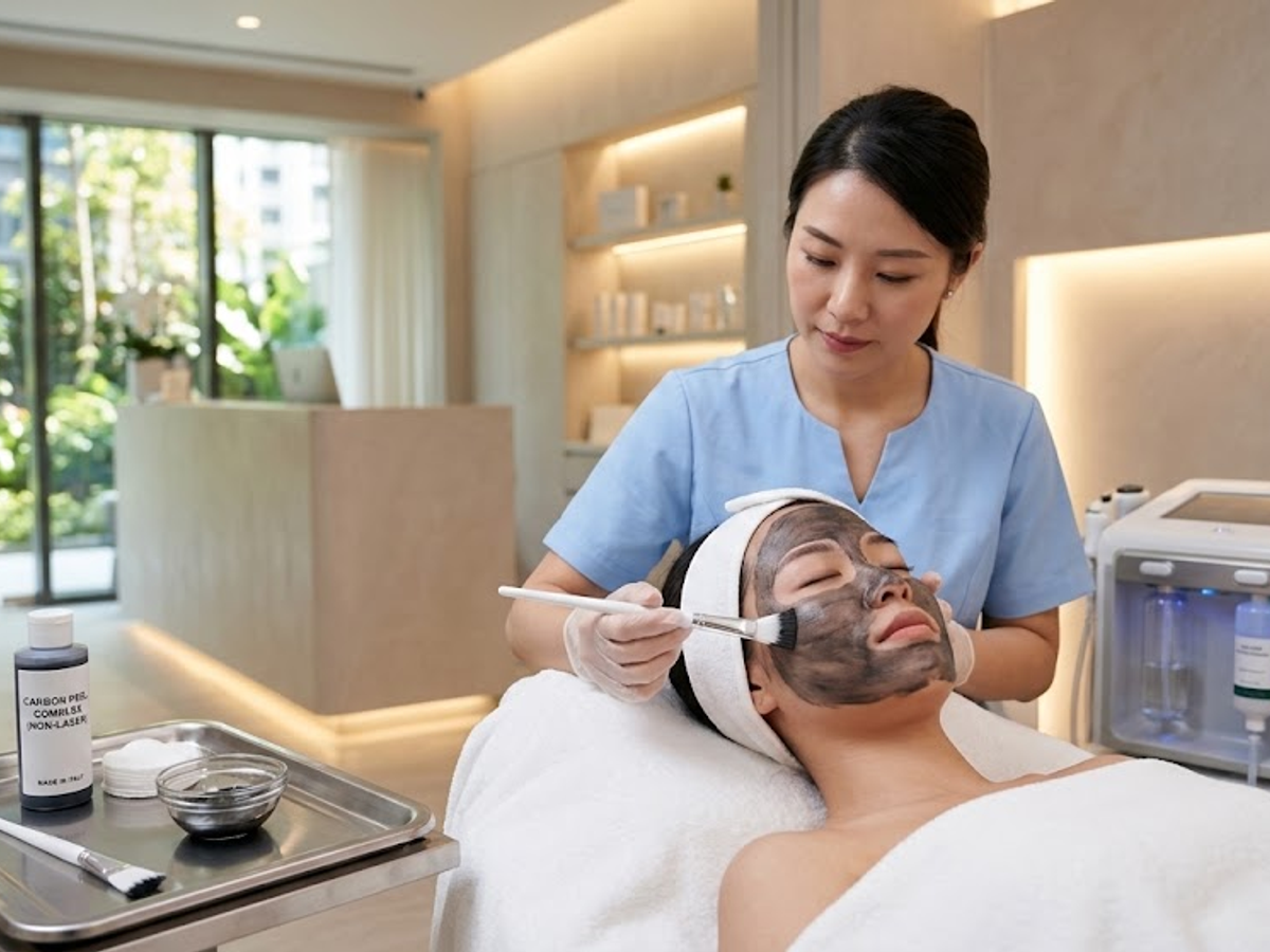 Aesthetician applying a black carbon mask to a woman's face during a non-laser carbon peel treatment in Ajax