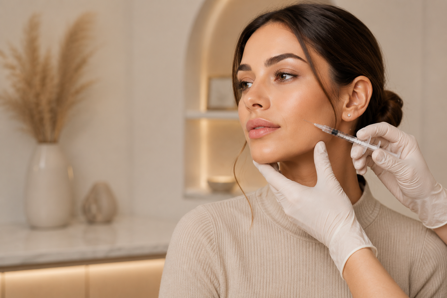 Woman receiving a cheek dermal filler injection from an injector in Ajax