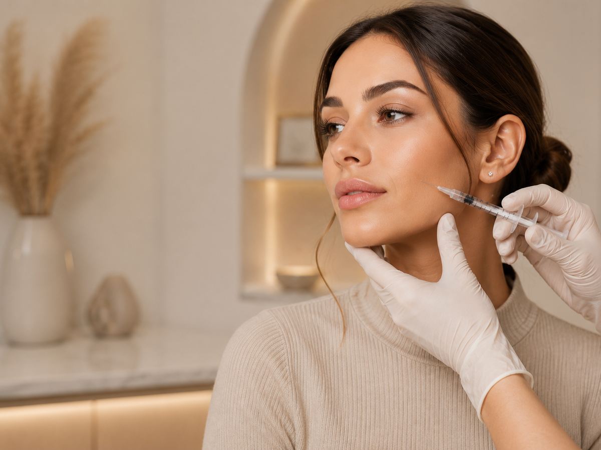 Woman receiving a cheek dermal filler injection from an injector in Ajax