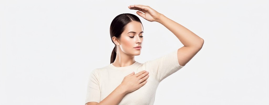 Woman raising her arm to display smooth underarm skin for non-surgical arm lift results in Ajax