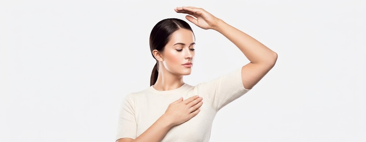 Woman raising her arm to display smooth underarm skin for non-surgical arm lift results in Ajax