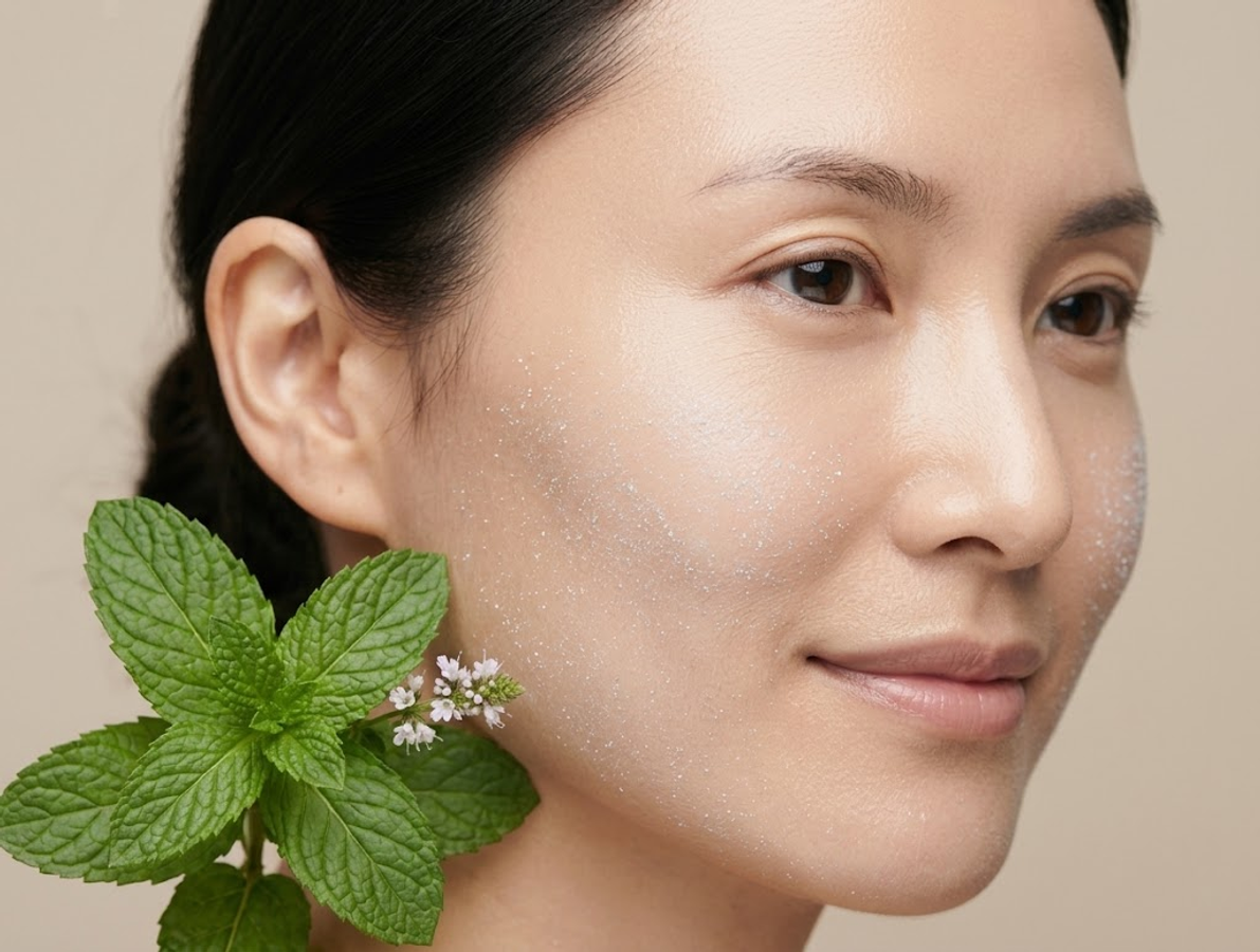 Woman with fresh facial scrub applied next to a mint leaf for a Peppermint Peel at NU Age Aesthetic in Ajax
