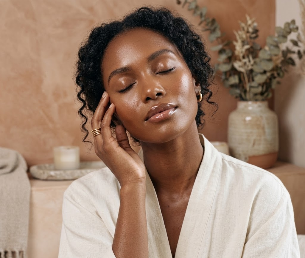 Woman with smooth, glowing skin touching her face.