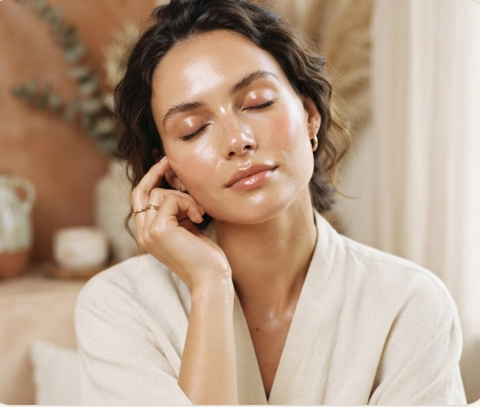 Woman with eyes closed, touching her cheek during a skincare treatment.