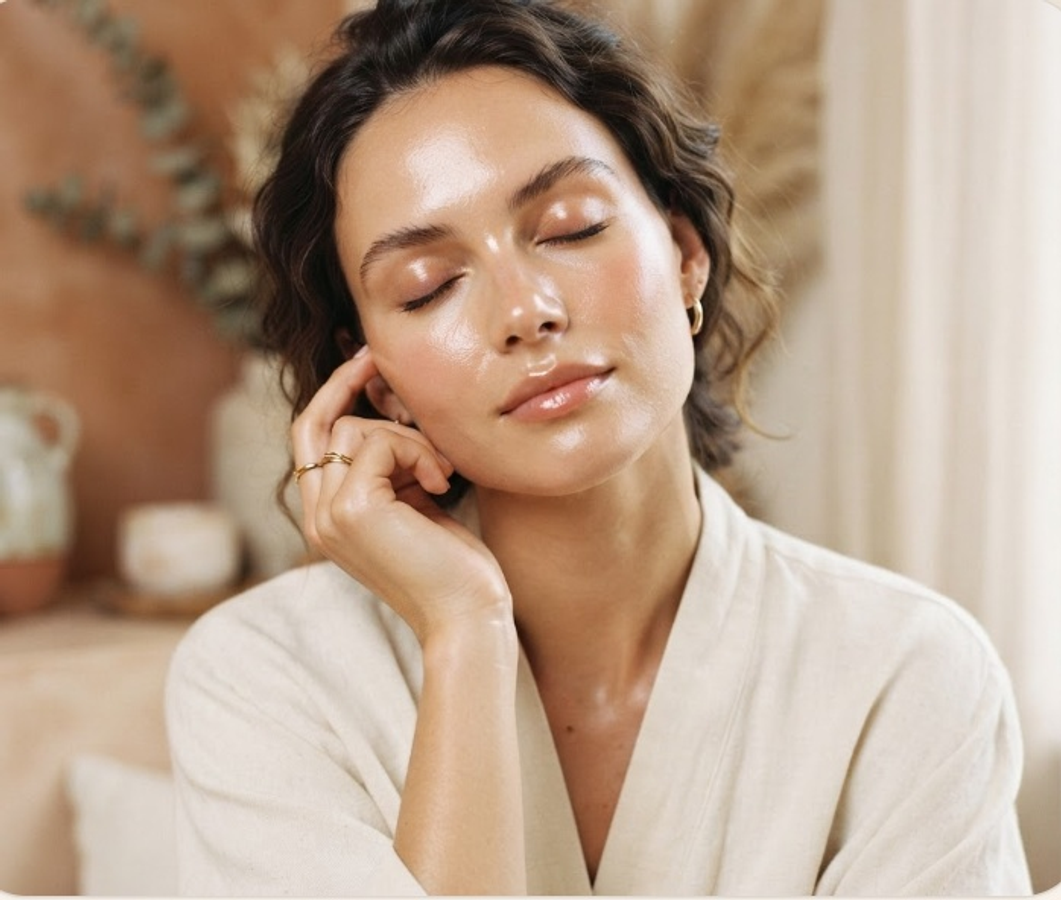 Woman with eyes closed, touching her cheek during a skincare treatment.