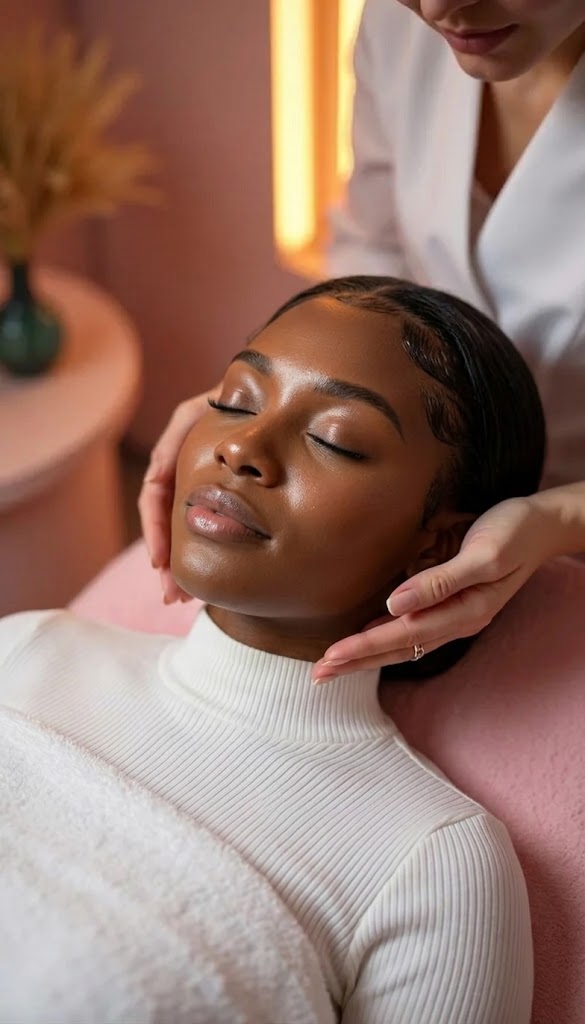Woman relaxing during a facial massage treatment at NU Age Aesthetic clinic in Ajax