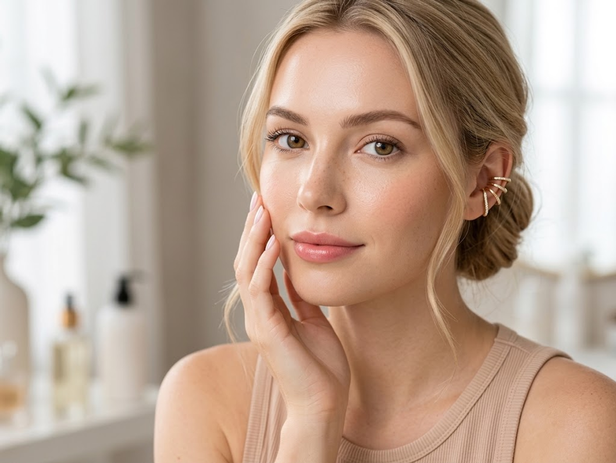 Blonde woman touching her cheek to showcase clear skin after a DPN removal treatment in Ajax