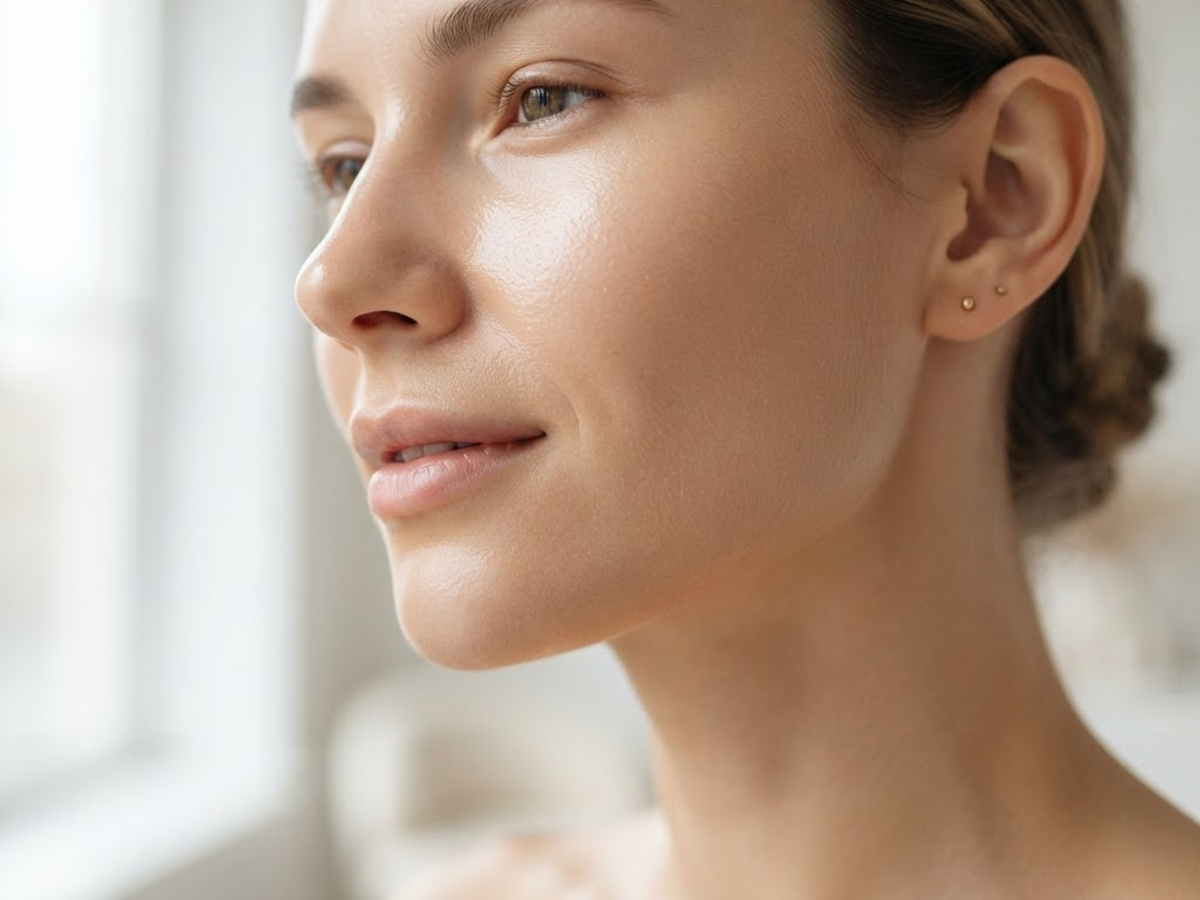 Woman with smooth, radiant skin looking out a window after a Glass Facial and Dermaplaning treatment from a skincare in Ajax