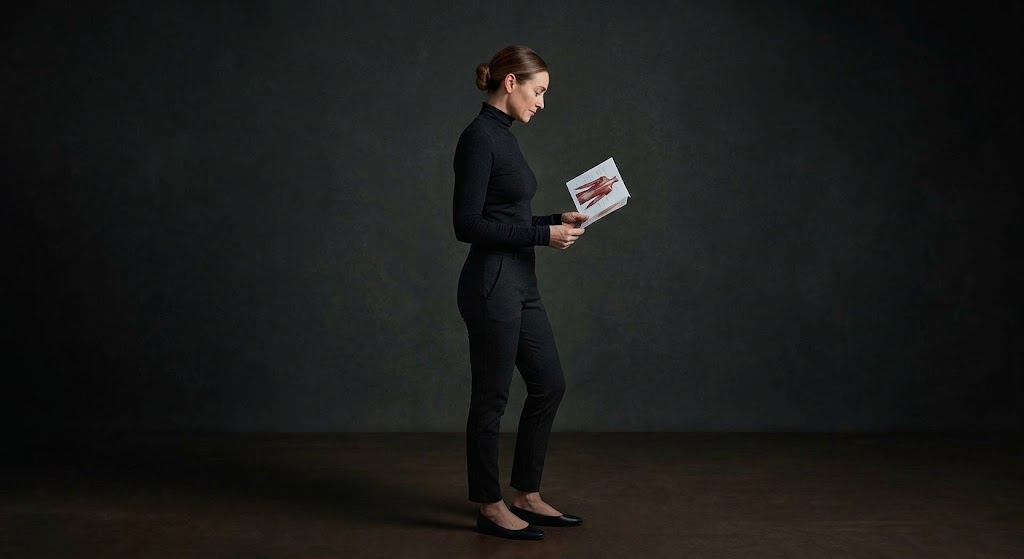 Woman in black outfit reading a medical anatomy chart ahead of a body filler consultation in Ajax