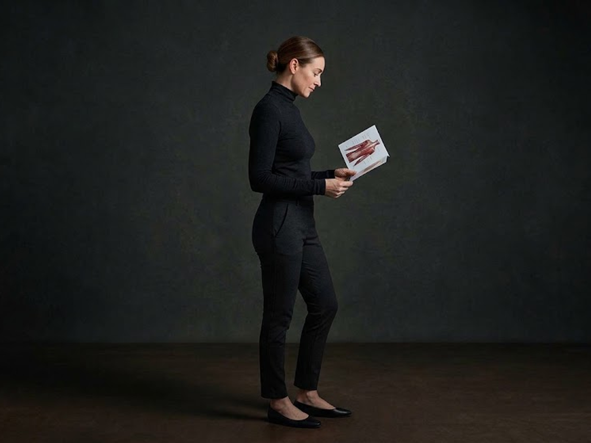 Woman in black outfit reading a medical anatomy chart ahead of a body filler consultation in Ajax