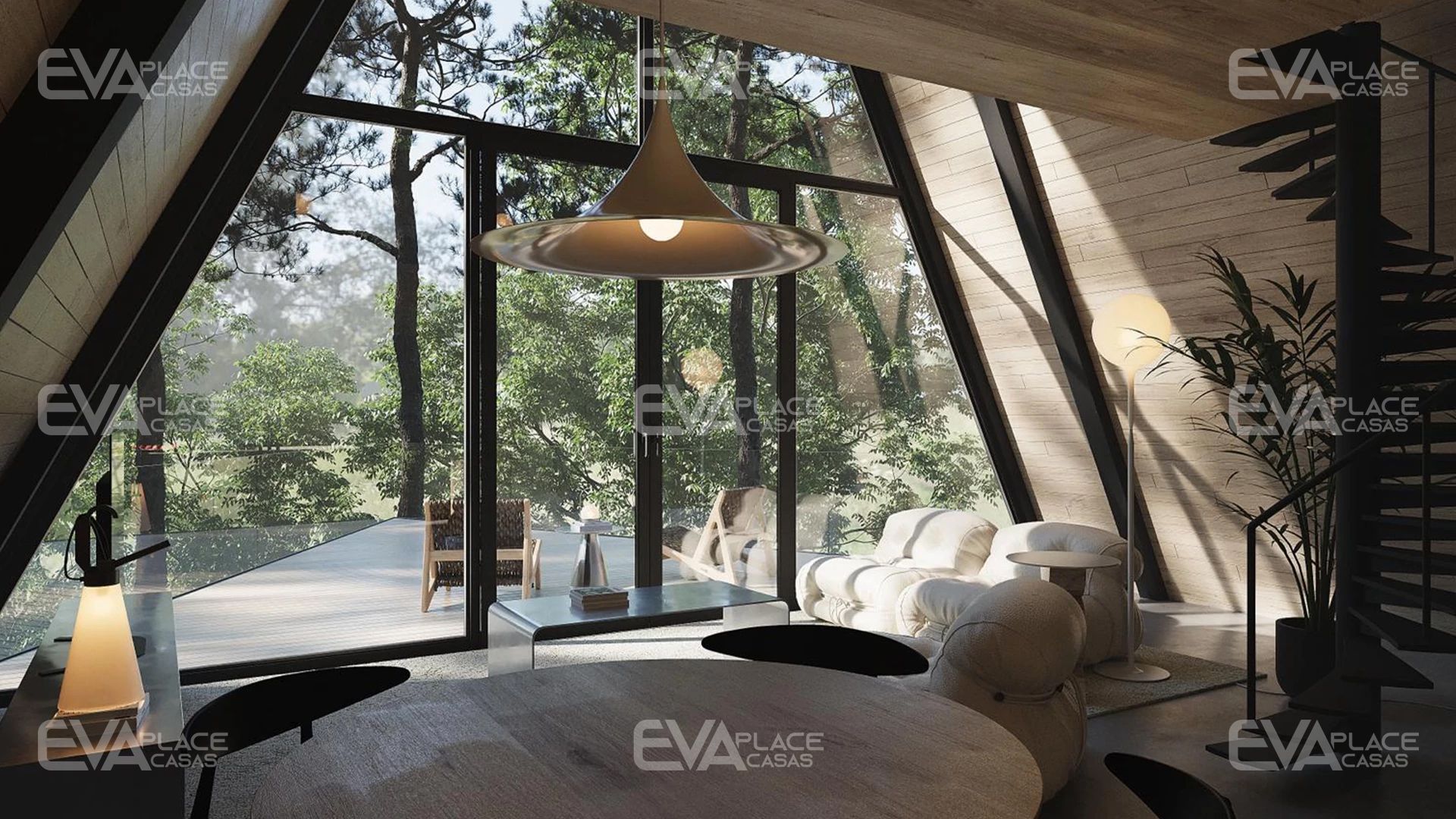 Render da sala e varanda da casa "Vermont", uma construção em LSF, destacando um espaço integrado, moderno e com ampla vista para a natureza.