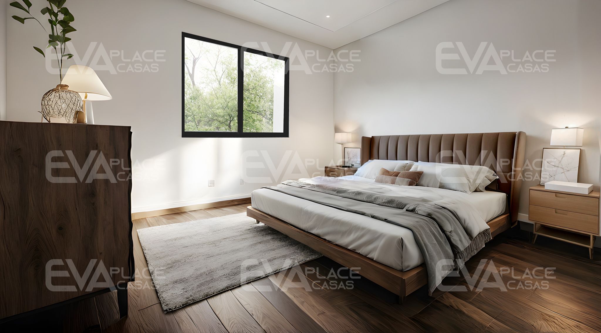 Render do quarto do Chalé Arrábida, destacando um ambiente aconchegante e moderno, com opção de construção em madeira ou LSF.