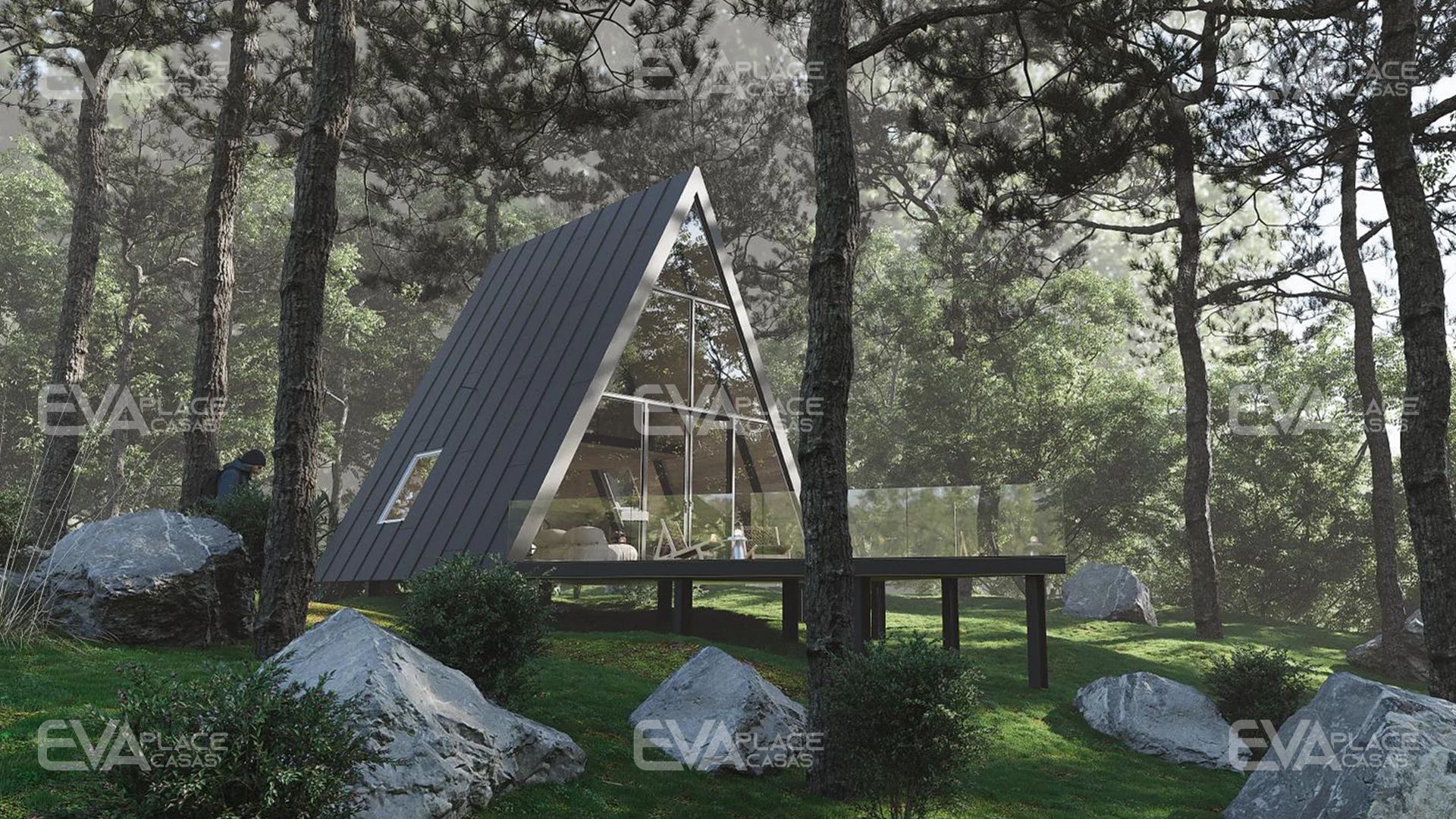 Render da entrada da casa "Vermont", uma construção em LSF, destacando um design moderno, funcional e integrado ao ambiente natural.