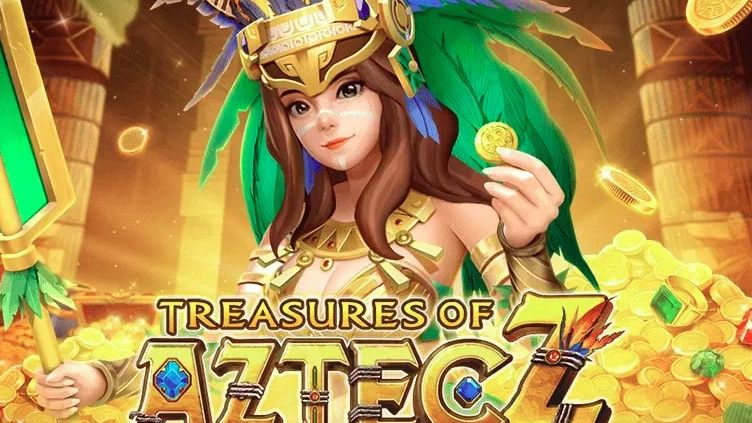 treasures of aztec is a slot game with a woman in a feathered headdress holding a gold coin .