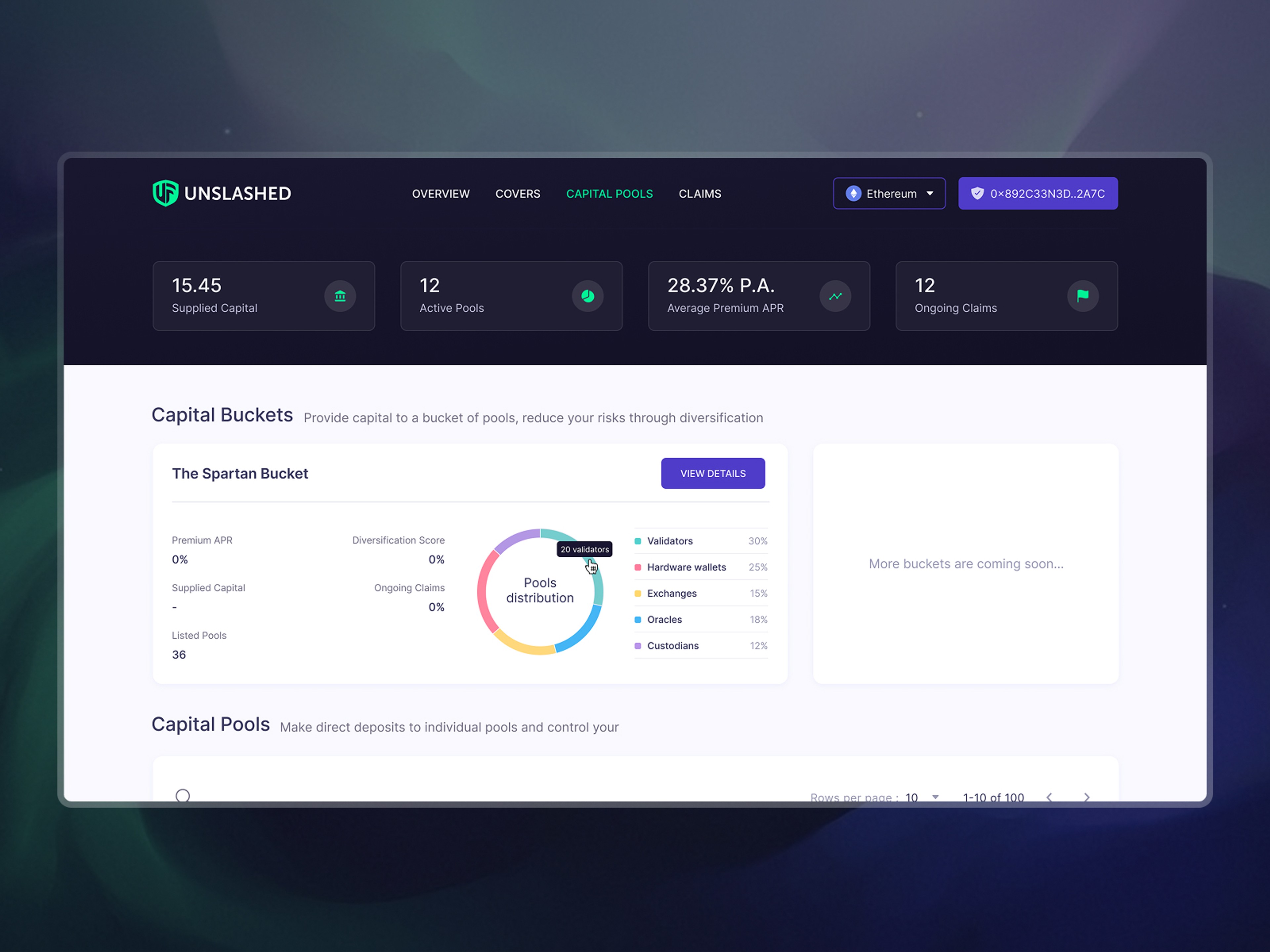 Capital Pools screen, where users can supply capital to a specific protocol cover policy and earn yield on their stake